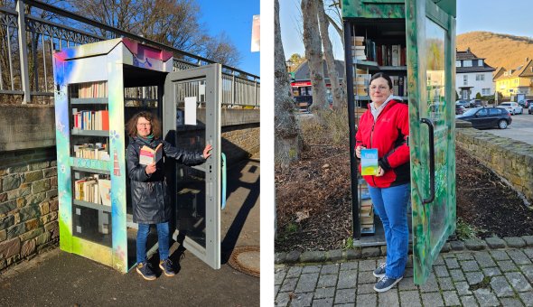 Links: Seit über einem Jahr betreut Gabriele Feldhaus die Schleidener Bücherzelle, die vorübergehend ihren neuen Platz auf dem Driesch gefunden hat. Rechts: Franziska Träger ist die neue Patin des Gemünder Bücherschranks.