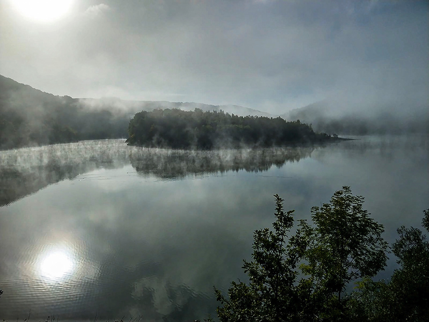 Mystische Stimmung am Urftsee mit Morgennebel.