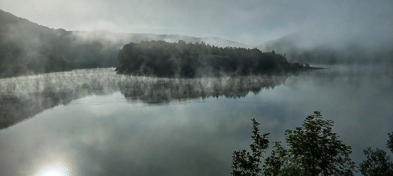 Mystische Stimmung am Urftsee mit Morgennebel.