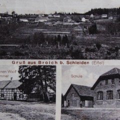 Slg. W. Gehlen: Ansichtskarte von Broich (Dorfansicht, Schenkwirtschaft "Zum grünen Wald" von Sebastian Klinkhammer, Schule)