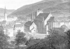 1657 wurde die „Jemöngde Fahr“ Filialgemeinde von Olef. 1728 wurde eine Saalkirche errichtet, eine bereits vorher existierende Kapelle diente als Chor. Seit 1803 ist die Pfarrgemeinde St. Nikolaus Gemünd selbständig. Die heutige Pfarrkirche wurde 1858-1866 am westlichen Olefufer gebaut, die Turmspitze aber erst 1889 vollendet. In den 1950er Jahren wurde Sankt Nikolaus durch einen Chorumgang erweitert. (Repro: SA Schleiden, Bildsammlung)