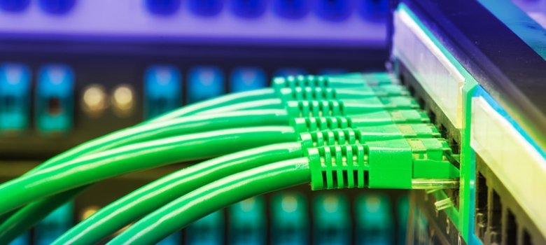 Network panel, switch and cable in data center Network panel, switch and cable in data center