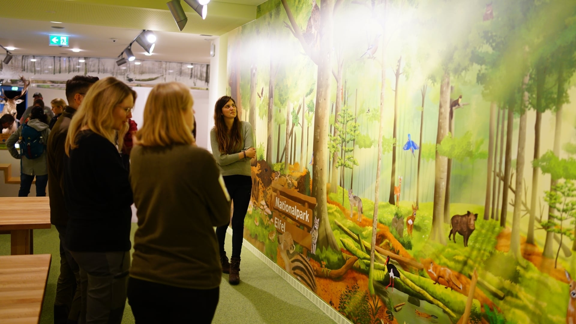 Neu in der Erlebnisausstellung „Wildnis(t)räume“ in Vogelsang IP: Ein Waldwimmelbild auf großer Fläche lädt in der zweiten Etage zum Eintauchen in die Waldwelt des Nationalparks ein. (Foto: Nationalparkverwaltung Eifel/M. Menninghaus)