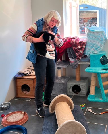 Tierheimleiterin Frau Oistrez ist mit den Katzen und Hunden bestens vertraut.