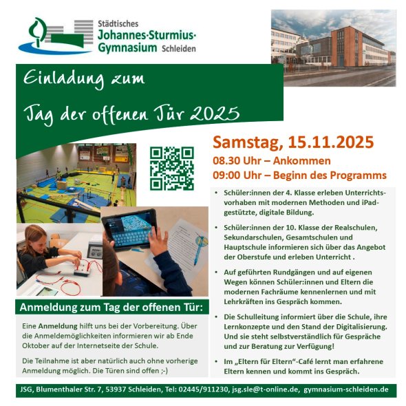 Anzeige Tag der offenen Tür am Johannes-Sturmius-Gymnasium Schleiden. Anzeige Tag der offenen Tür am Johannes-Sturmius-Gymnasium Schleiden.