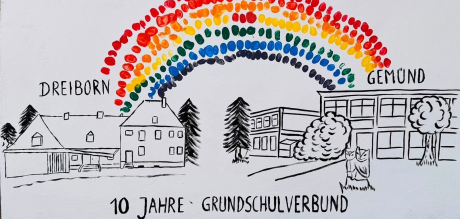 Kinder haben mit ihren Fingerabdrücken Gemünd und Dreiborn durch einen Regenbogen verbunden. Kinder haben mit ihren Fingerabdrücken Gemünd und Dreiborn durch einen Regenbogen verbunden.