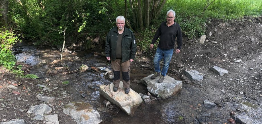 Markus Vollmer vom Bundesforstbetrieb Rhein-Weser (links) und Eckhard Jäck, Leiter der Holzbauwerkstatt der Nationalparkverwaltung (rechts) testen die neuen, naturbelassenen Trittsteine im erfolgreich renaturierten Bachbett des Sauerbachs. Markus Vollmer vom Bundesforstbetrieb Rhein-Weser (links) und Eckhard Jäck, Leiter der Holzbauwerkstatt der Nationalparkverwaltung (rechts) testen die neuen, naturbelassenen Trittsteine im erfolgreich renaturierten Bachbett des Sauerbachs.
