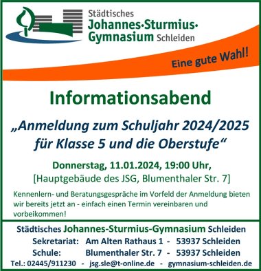 Anzeige zum Informationsabend am Städtischen Johannes-Sturmius-Gymnasium Schleiden.