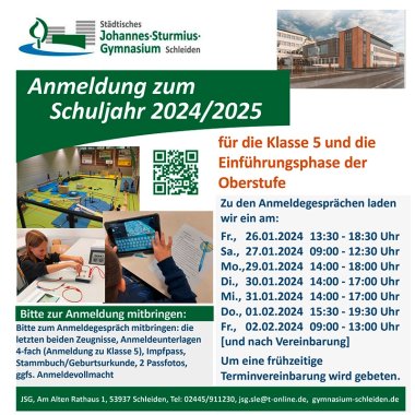 Anzeige zur Anmmeldung am Städtischen Johannes-Sturmius-Gymnasium Schleiden.