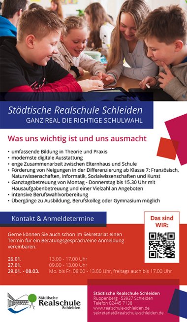 Anzeige zur Anmeldung an der Städtischen Realschule Schleiden.
