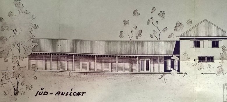 Entwurf der Umkleideräume von Architekt Willi Berres, 1955. (Schleiden II, Sign. G 168, „Freibad Schleiden. Neubau von Umkleideräumen, Bau Parkplatz und Zufahrt, Neuanstrich des Schwimmbeckens. Beihilfeanträge 1955-1965“)