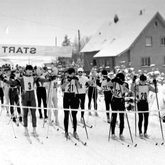 1. Pokallauf der Stadt Schleiden im Februar 1987  –  Das Startfeld kurz vor dem Massenstart.  