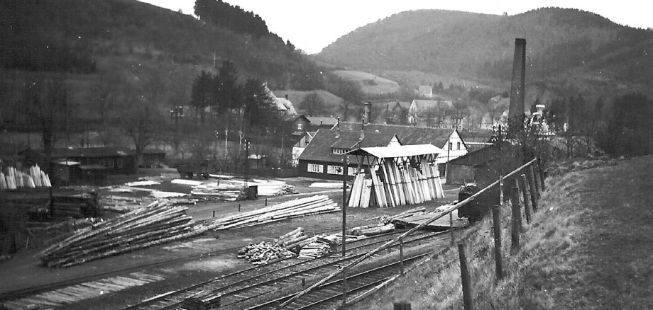 Das Sägewerk Dartenne auf Gangfort am 11. Februar 1951, gesehen vom unteren "Hähnchen.
