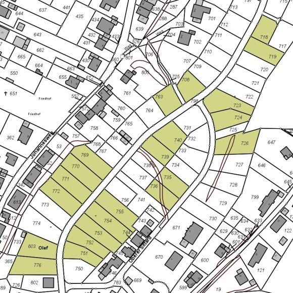 Übersichtskarte der städtischen Baugrundstücke.