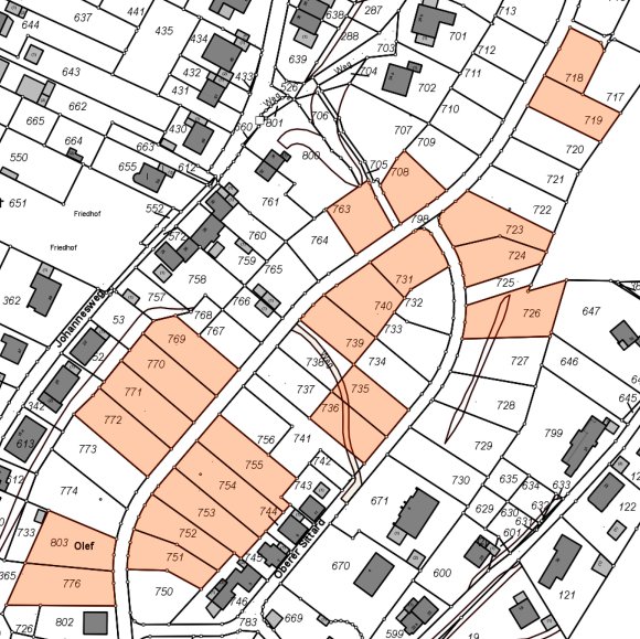 Übersichtskarte der städtischen Baugrundstücke. Übersichtskarte der städtischen Baugrundstücke.