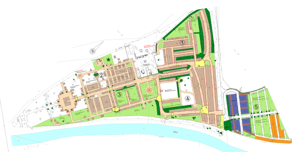 Übersichtsplan der Wiederherstellung. Die Bauabschnitte werden in der Reihenfolge 1 - 5 durchgeführt. Übersichtsplan der Wiederherstellung. Die Bauabschnitte werden in der Reihenfolge 1 - 5 durchgeführt.
