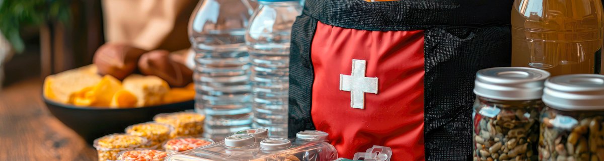 Vorsorge für den Notfall; Lebensmittel, Wasser und Erste-Hilfe-Set. Vorsorge für den Notfall; Lebensmittel, Wasser und Erste-Hilfe-Set.