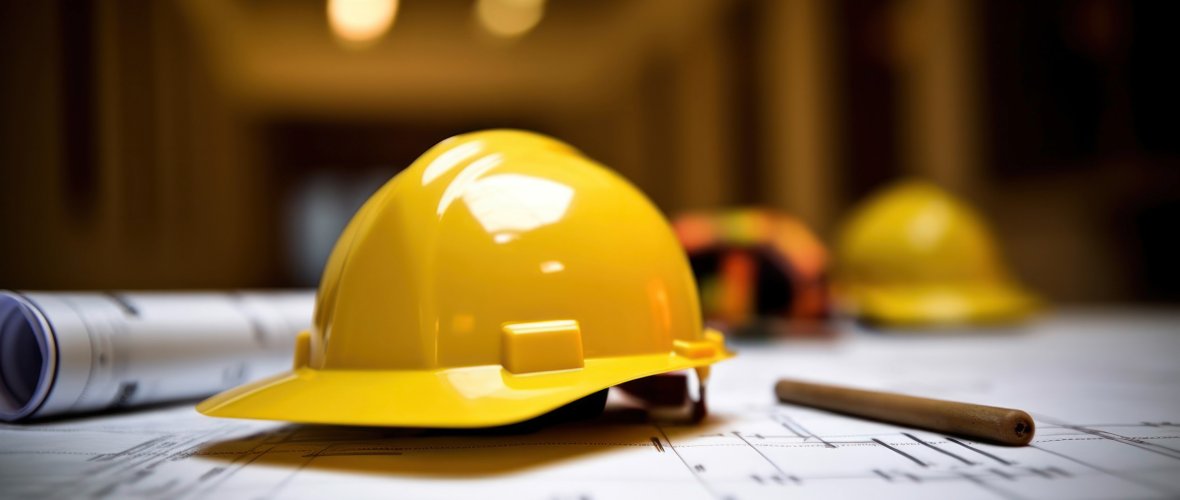 Gelber Bauhelm mit Zeichnungen und Stift. (© Margo Alexa / stock.adobe.com)