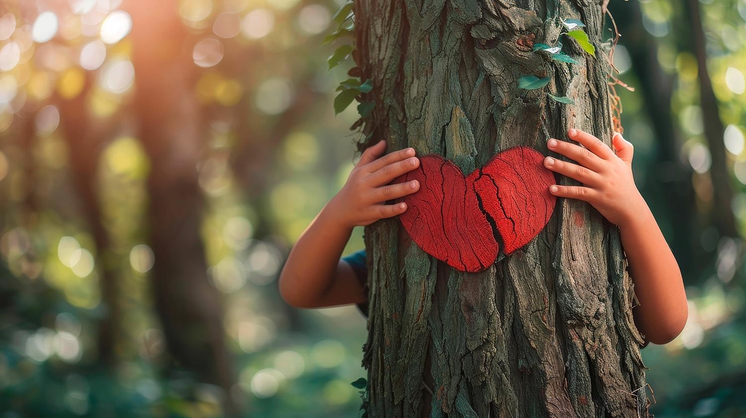 Hände hinter einem Baum mit Herz.