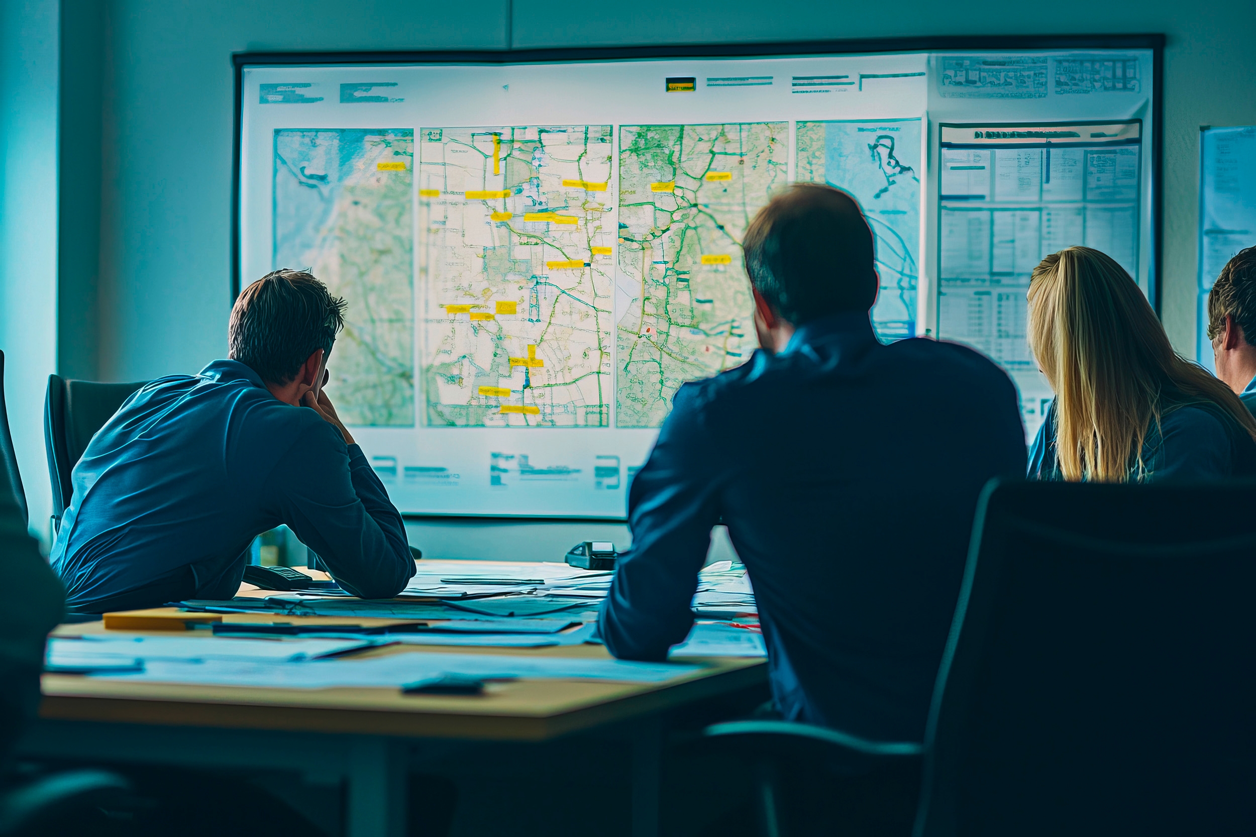 Lagebesprechung eines Teams bei einer Katastrophe.