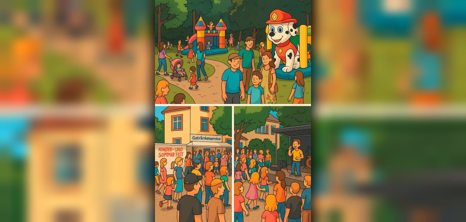 Gezeichnete Szenen eines Kinder- und Sommerfestes.